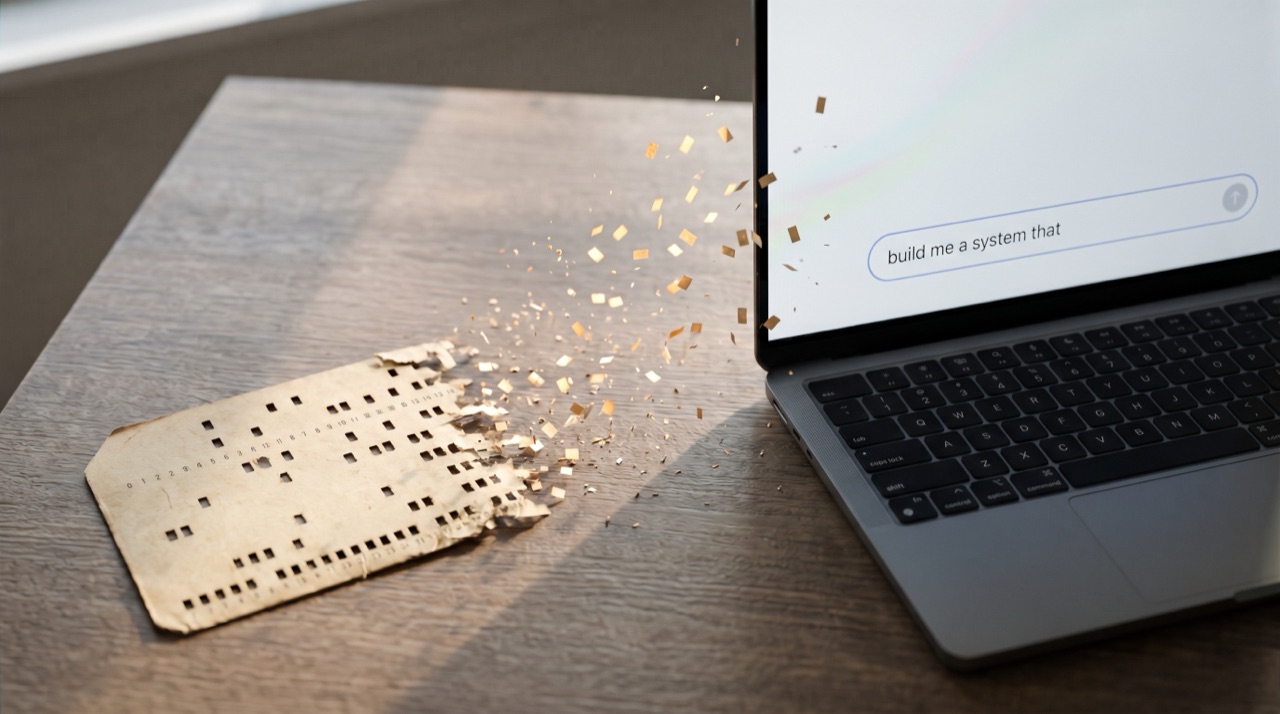 A punch card on a desk, its right edge dissolving into flecks of gold that drift towards an open laptop. The laptop screen shows a prompt box reading "build me a system that".